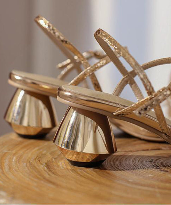 Golden High Heel Flip Flops Chunky Buckle Strap Sandals