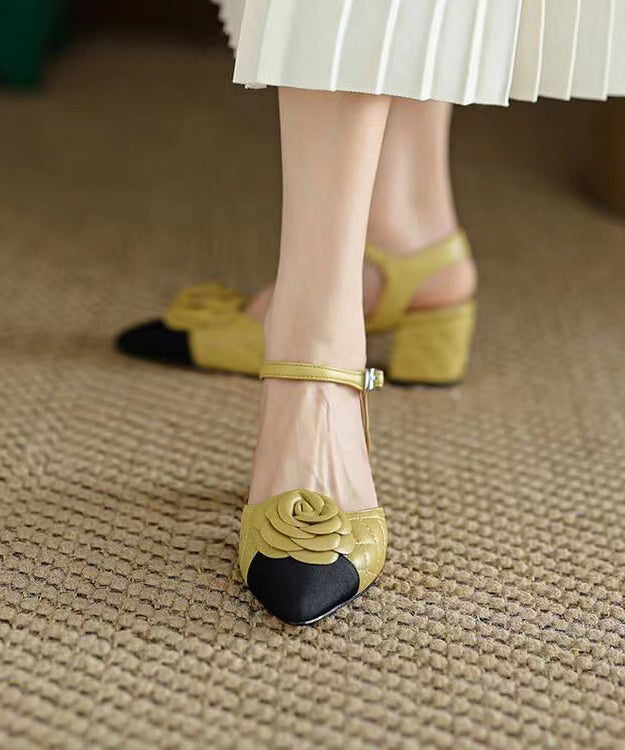 Yellow Pointed Toe Floral Chunky Heel Faux Leather Sandals