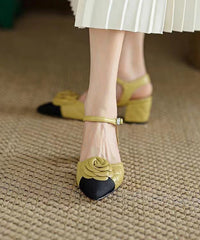 Yellow Pointed Toe Floral Chunky Heel Faux Leather Sandals