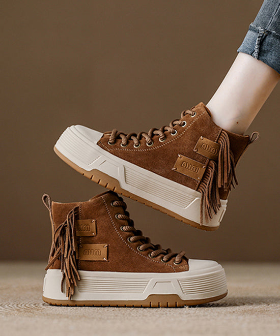 Camel Suede Tassel Splicing Platform Boots Lace Up