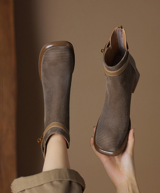 Zippered Splicing Chunky Boots Khaki Cowhide Leather