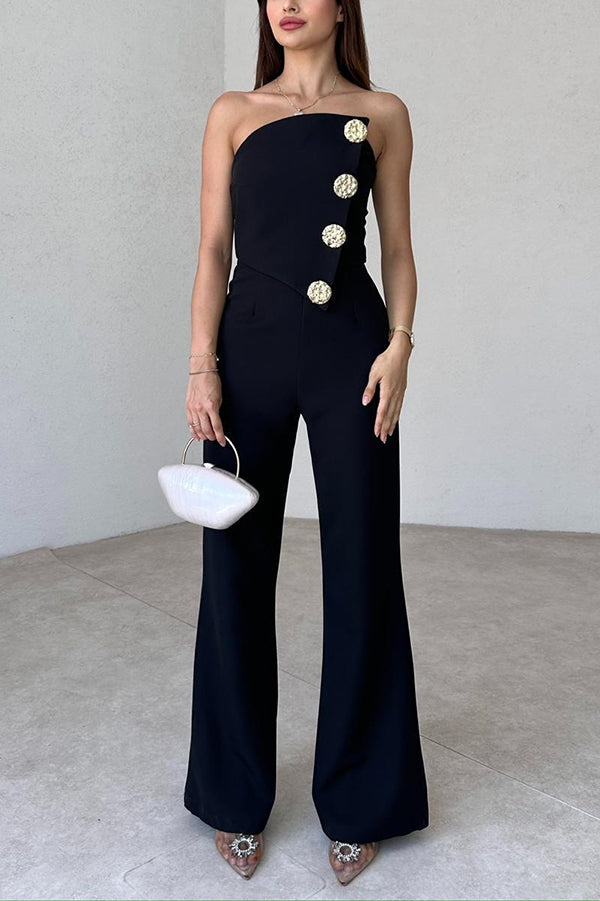 Solid Color Tube Top Gold Button Embellished Bootcut Jumpsuit