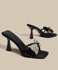 Black Bow Zircon Splicing High Heel Slide Sandals