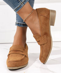 Simple Brown Round Head Solid Suede Low Heel Flats Shoes