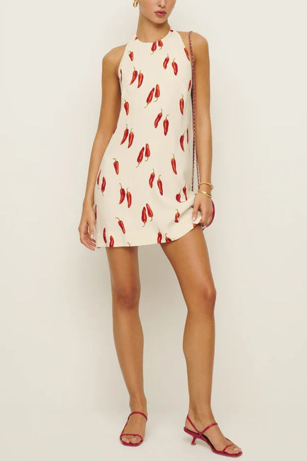 Spicy Chili Pepper Unique Print Soft Fabric Halter Loose Mini Dress