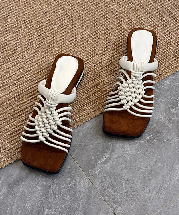 Beige Cowhide Leather Splicing Hollow Out Slide Sandals Peep Toe