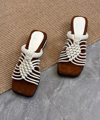 Beige Cowhide Leather Splicing Hollow Out Slide Sandals Peep Toe