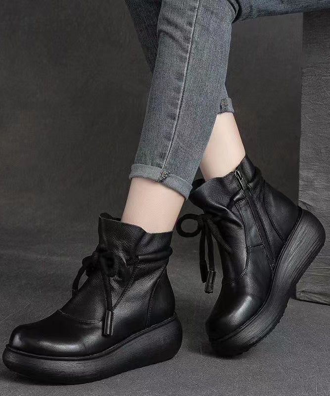 Lace Up Zippered Splicing Platform Boots Black Cowhide Leather