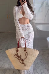 Balmy Summers Crochet Lace Floral Pattern Elastic Waist Fishtail Vacation Maxi Skirt