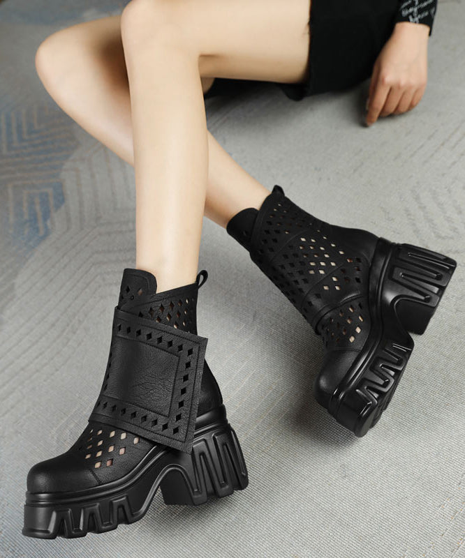 Hollow Out Chunky Boots Khaki Cowhide Leather