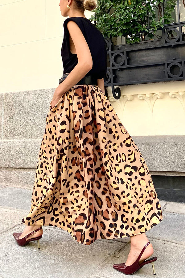 Leopard Print Elegant Large Hem Maxi Skirt