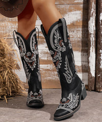 Chic Black Splicing Faux Leather Chunky Boots Embossed