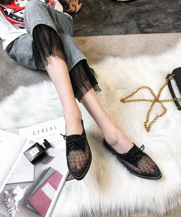 Apricot Splicing Flats Black Tulle Lace Up Pointed Toe