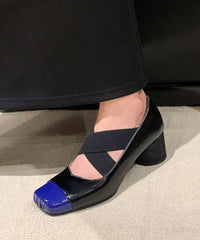 Handmade Square Toe Black Chunky Heel Cross Strap Shoes