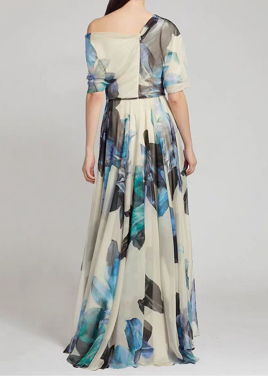 French Sky Blue Asymmetric Printed Chiffon Long Skirt Summer