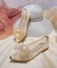 Gold Breathable Bow Zircon Tulle Pointed Flat Shoes
