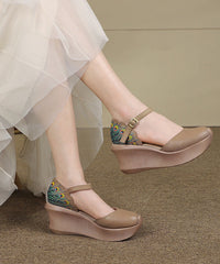 Khaki Cowhide Buckle Strap Platform Sandals