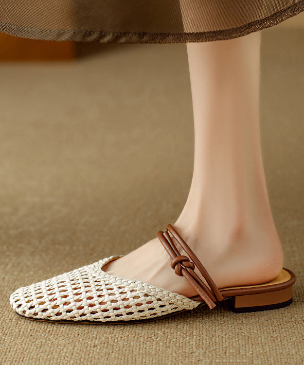 Bohemian Beige Woven Hollow Out Breathable Slide Sandals