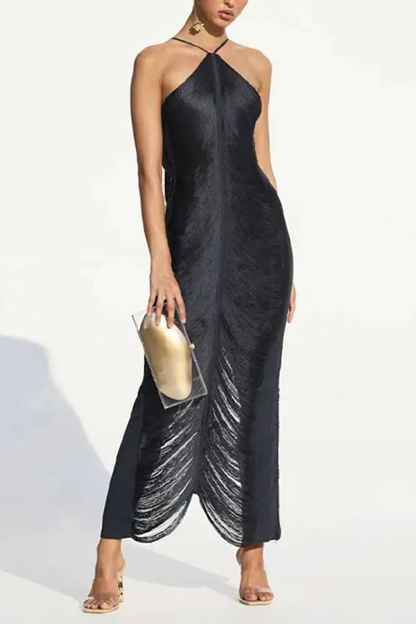 Allnight Metallic Halterneck Backless Fringed Slit Maxi Dress