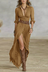 Lapel Single-breasted Waist Shirt-style Maxi Dress