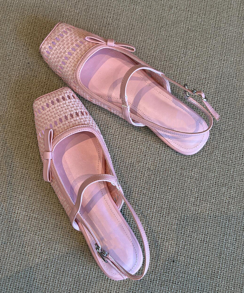 French Pink Woven Breathable Bow Chunky Heel Sandals