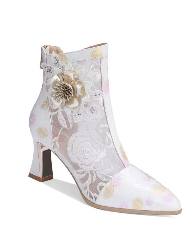 Embroidered Mesh Patchwork Chunky Heel Boots