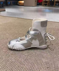 Fashion Bow Lace Up Splicing Flats Shoes Nude Faux Leather