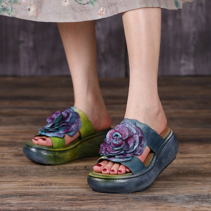 Vintage Leather Floral Platform Slippers