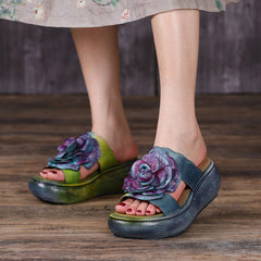 Summer Vintage Leather Floral Platform Slippers