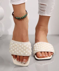 Elegant Splicing White Faux Leather Nail Bead Slide Sandals