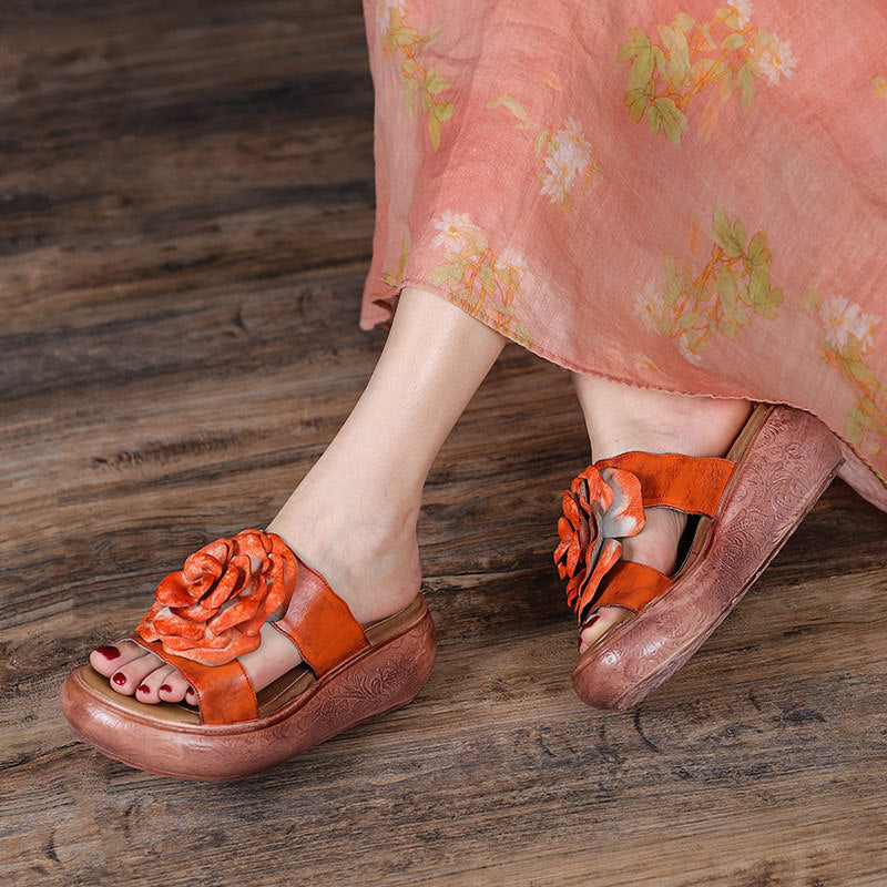 Vintage Leather Floral Platform Slippers