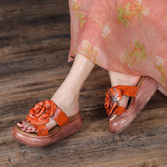 Summer Vintage Leather Floral Platform Slippers
