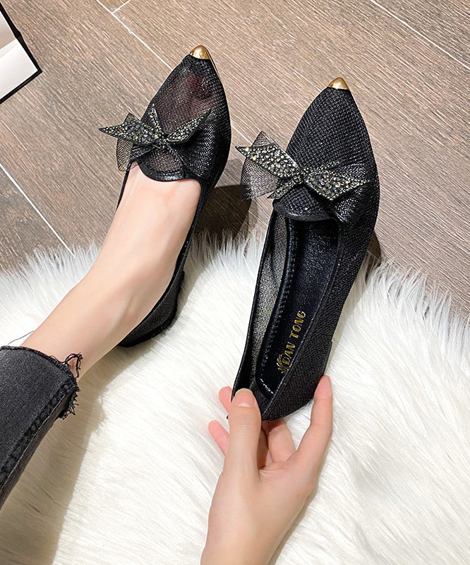 Champagne Bow Zircon Pointed Flat Shoes