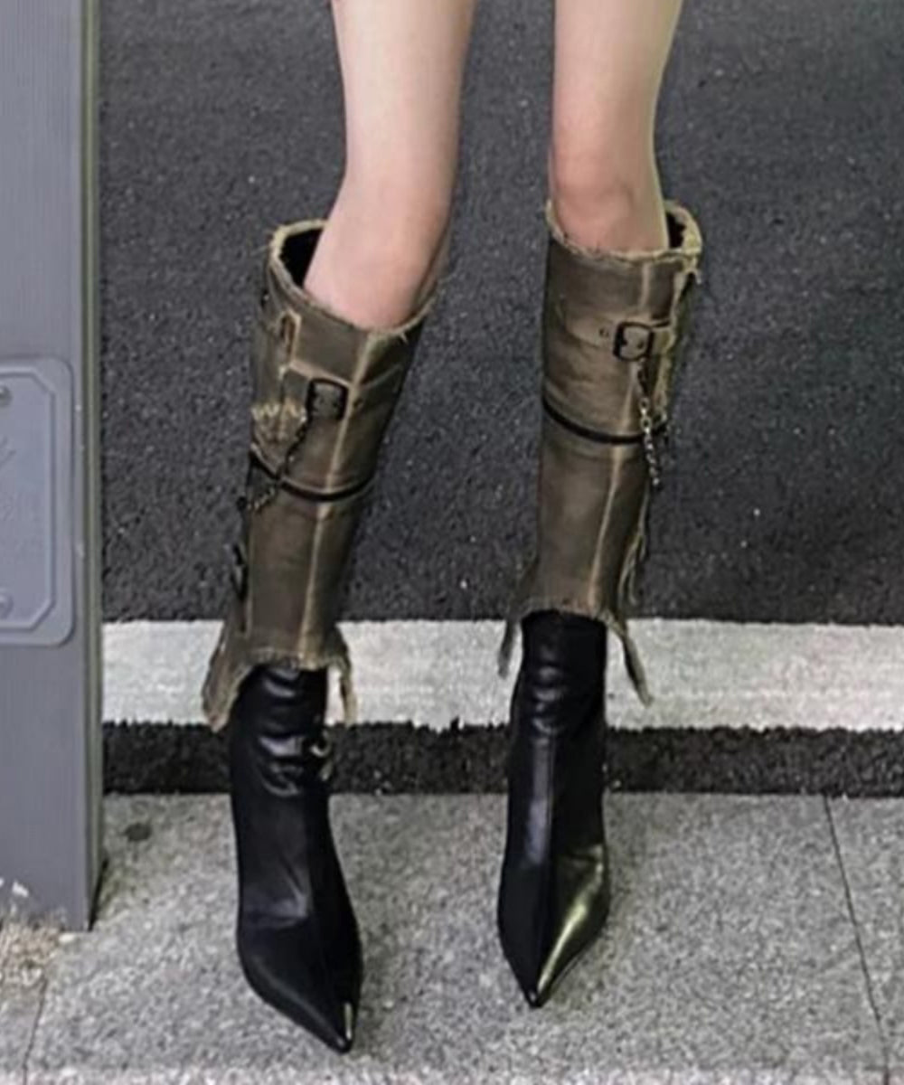 Faux Leather Black Splicing High Heels Boots Pointed Toe