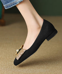 Black Soft Comfy Bow Zircon Splicing Flats