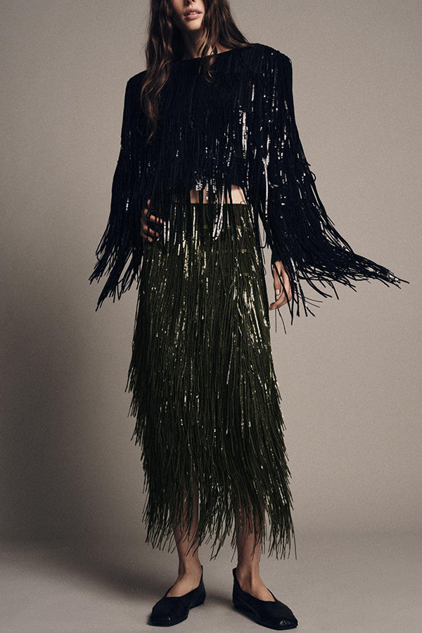 Sequined Tassel Elegant Midi Skirt