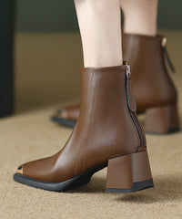 Zippered Splicing Elegant Chunky Boots Brown Cowhide Leather