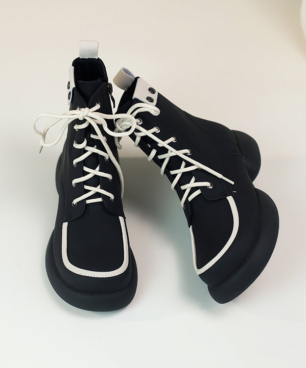 Black Cowhide Leather Splicing Boutique Lace Up Boots