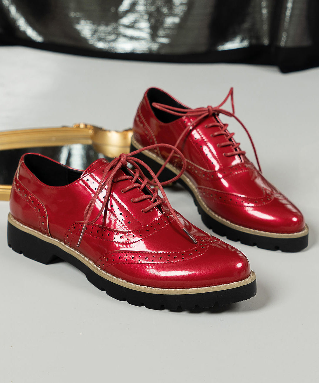 New Red Hollow Out Lace Up Faux Leather Flats Shoes