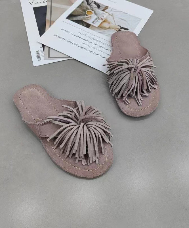 Comfy Pink Suede Tasseled Splicing Slide Sandals
