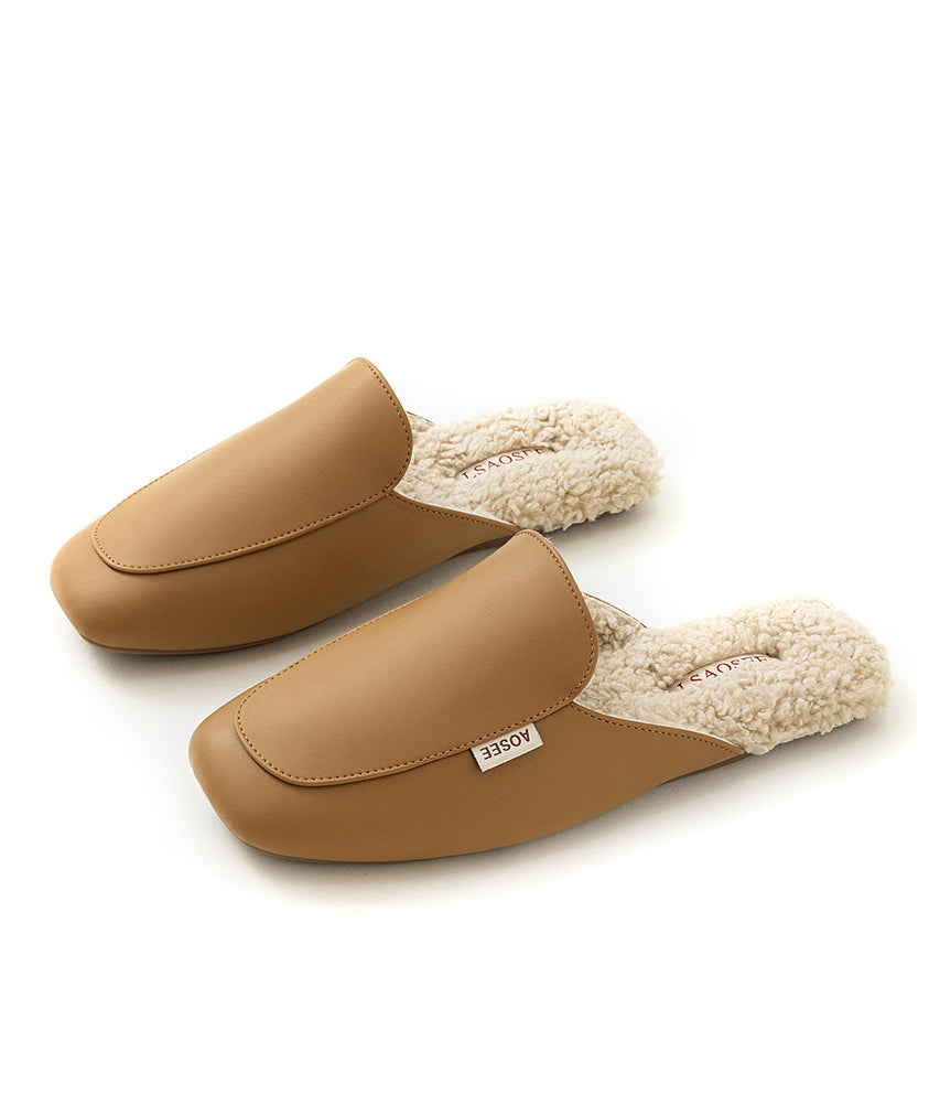Brick Red Faux Leather Slippers Shoes Fuzzy Wool Lined