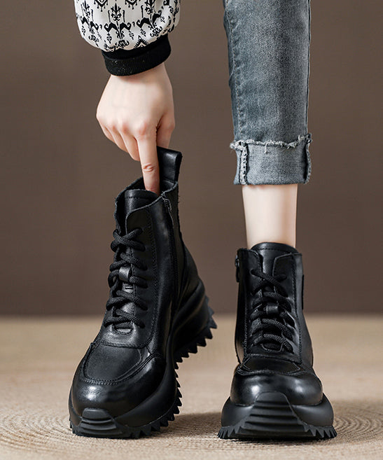 Chocolate Cowhide Leather Lace Up Splicing Boots