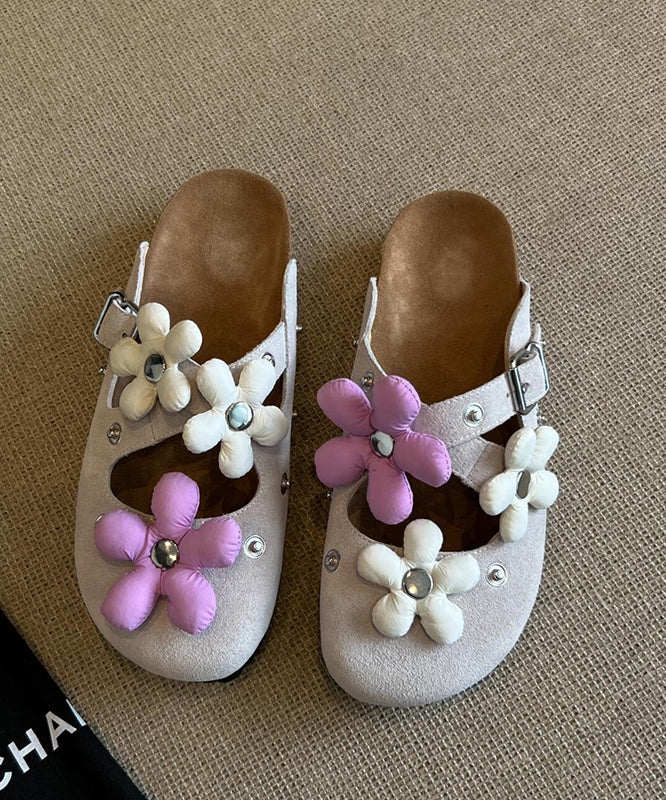 Dark Grey Suede Floral Rivet Splicing Stylish Slide Sandals