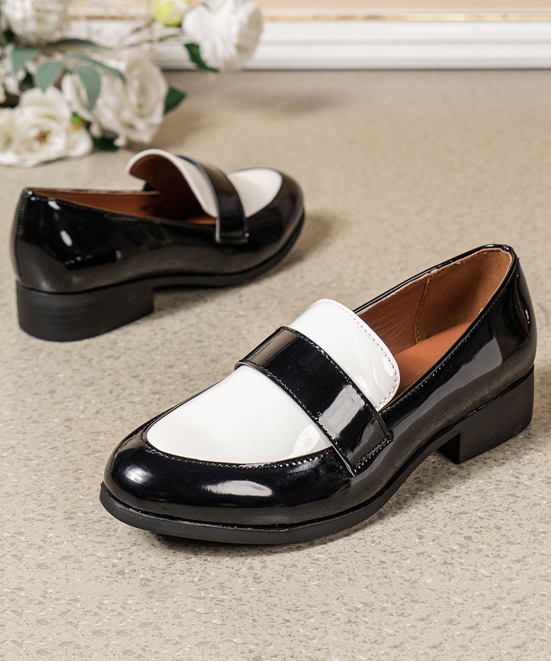 Black Round Head Splicing Faux Leather Low Heel Flats Shoes