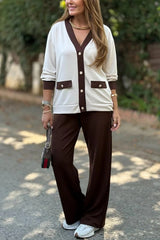 Color-blocked V-neck Knitted Button-down Cardigan and Elastic Waist Casual Wide-leg Pants Set
