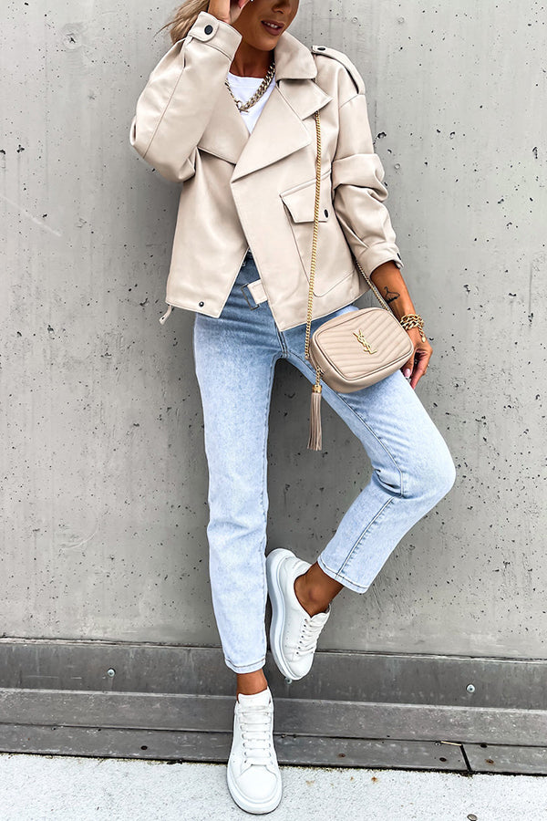 Leather Lapel Pocket British Style Cropped Jacket