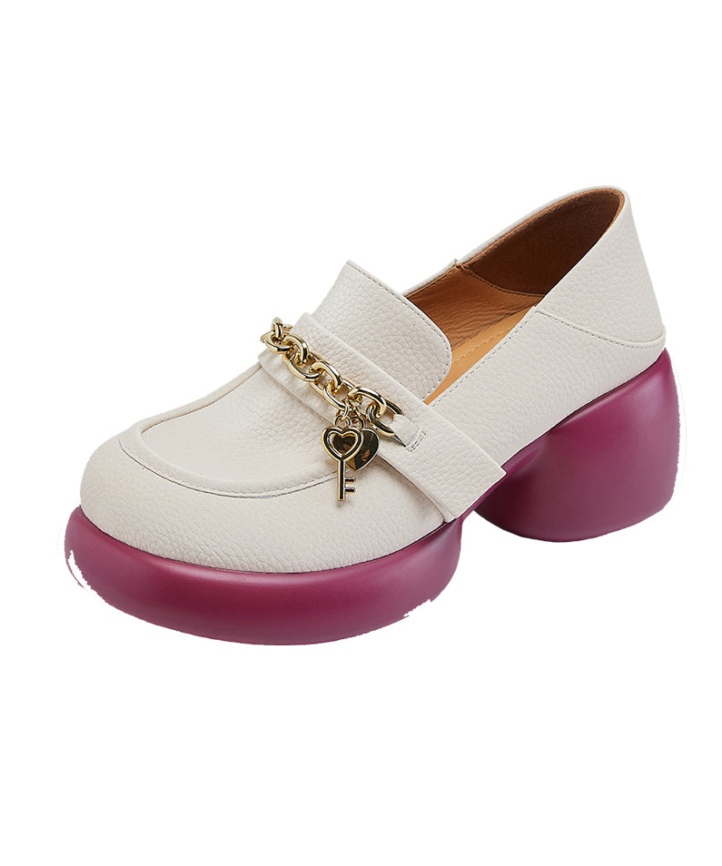 Beige Cowhide Leather Loafer Shoes Platform Splicing