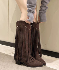Chocolate Tassel Rivet Stylish Splicing Chunky Boots