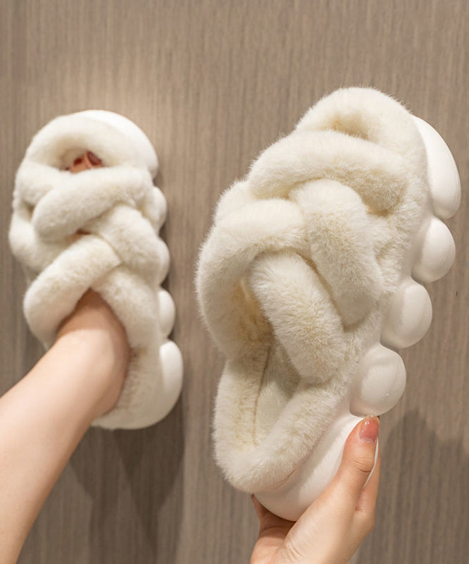 White Fuzzy Fur Slippers Shoes Platform