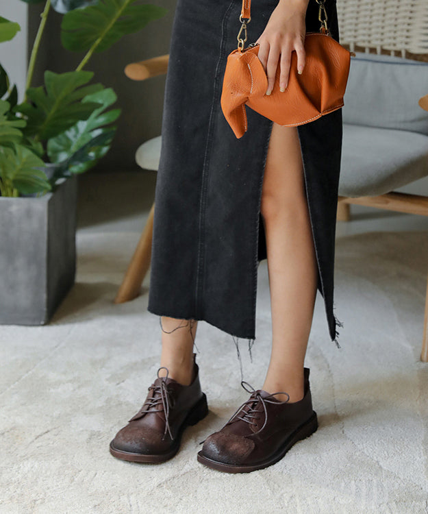 Retro Splicing Flat Shoes For Lace Up Chocolate Cowhide Leather Flat Shoes